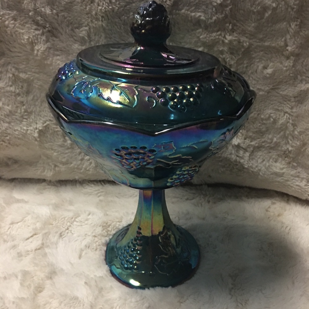 Vintage Carnival Glass Compote w/ Lid 1970s Indiana Glass Harvest Grape Blue Iri
